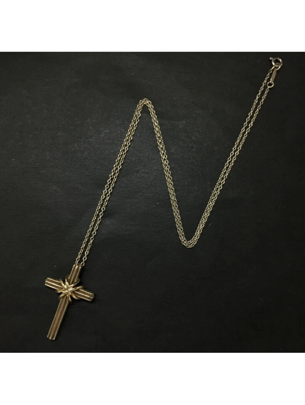 TIFFANY & CO Silver 925 Gold 750 Signature Cross Pendant Necklace Two tone
